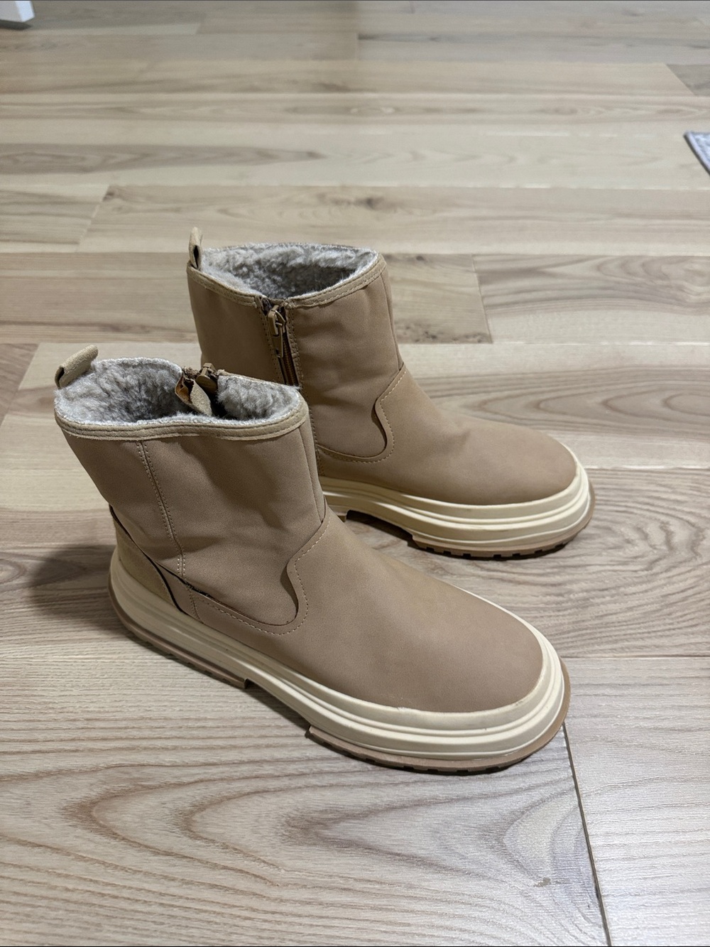 Zara Tan Leather-Look Ankle Boots with Cream Soles
